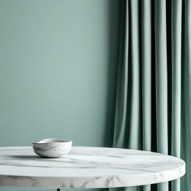 Minimalist green interior with marble table and elegant draped curtains.