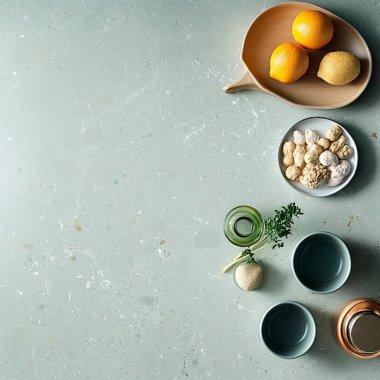 A serene kitchen layout with fresh ingredients and tableware. clipart