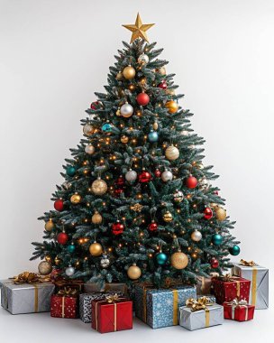 Festive Christmas tree adorned with colorful ornaments and gifts underneath. clipart