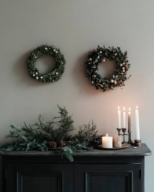 Elegant Christmas decor with greenery and candles on a dark cabinet. clipart