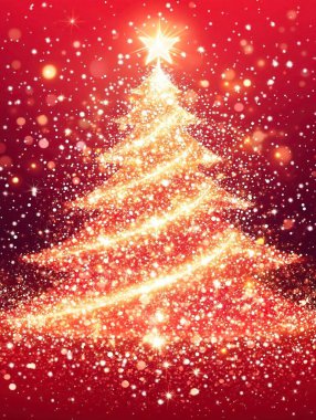 A sparkling Christmas tree adorned with lights and a star on a festive red background. clipart