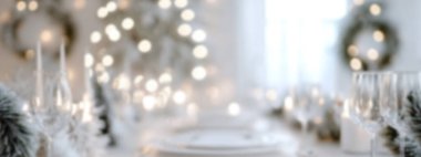 Elegant holiday table setting with soft bokeh lights and festive decorations. clipart