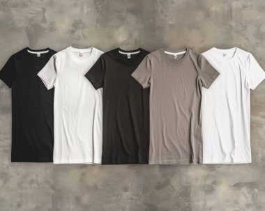 Five stylish t-shirts in black, white, grey, and beige arranged neatly on a textured surface. clipart