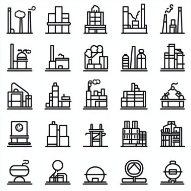 A collection of industrial icons showcasing various factory designs and structures in a minimalist line art style. clipart