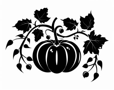 A stylized black silhouette of a pumpkin with leaves and tendrils.