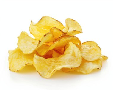 A tempting pile of golden, crispy potato chips on a clean white background.