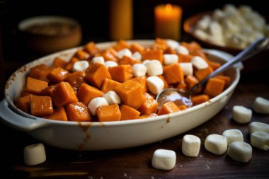 Delicious sweet potato casserole topped with marshmallows, perfect for a festive gathering. clipart