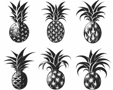 Stylized black and white pineapples with intricate designs, showcasing unique shapes and patterns. clipart