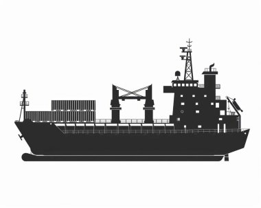 Silhouette of a large cargo ship with containers, showcasing industrial maritime transport. clipart