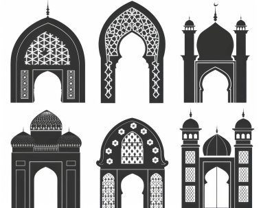 Elegant black silhouette designs of traditional architectural arches with intricate patterns. clipart