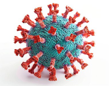 A detailed 3D rendering of a virus with blue and red surface features, illustrating its complex structure and morphology. clipart