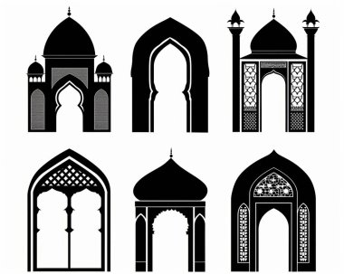 Collection of intricate black silhouettes of traditional Islamic architecture, showcasing various arch styles and domes. clipart