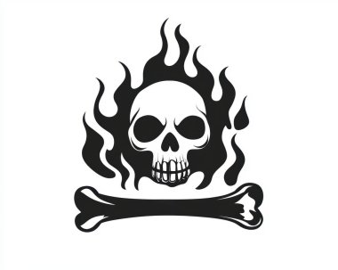 A bold graphic of a skull surrounded by flames with a bone beneath, evoking a fierce and edgy vibe. clipart