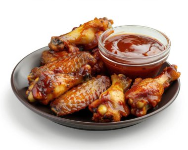 Delicious, juicy chicken wings coated in a rich barbecue sauce, served with a side of dipping sauce. clipart