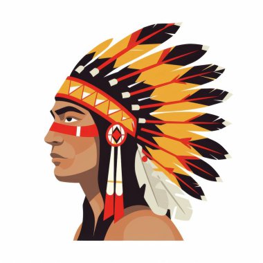 Profile of a Native American man wearing a majestic feathered headdress. clipart