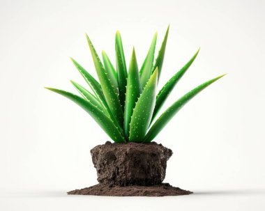 A vibrant green aloe vera plant showcased on textured soil against a minimalist background. clipart