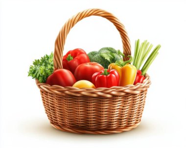 A vibrant basket of fresh vegetables including tomatoes, peppers, and broccoli. clipart