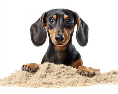 A curious black and tan dachshund puppy peeking over a pile of sand, showcasing its playful nature. clipart