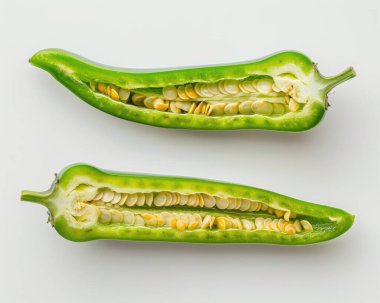 Two vibrant green chili peppers cut open, showcasing seeds and a fleshy interior. clipart