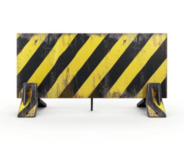 A weathered traffic barrier featuring bold black and yellow stripes, indicating a construction zone. clipart