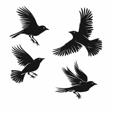 Four black silhouette birds in various flying poses, showcasing graceful movement. clipart