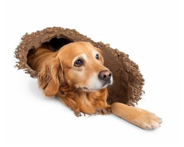 A golden retriever curiously peeks out from a freshly dug hole, showcasing its playful spirit and inquisitive nature. clipart