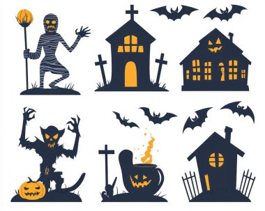 Spooky Halloween illustrations featuring a mummy, haunted houses, bats, and a cauldron, perfect for festive decorations. clipart