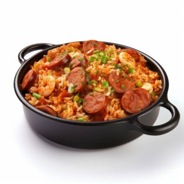 A delicious bowl of shrimp and sausage jambalaya, vibrant with spices and garnished with fresh herbs. clipart