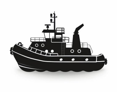 A silhouette of a tugboat, showcasing its sturdy design and prominent features against a white background. clipart