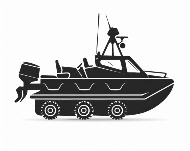 A stylized silhouette of a boat equipped with wheels, symbolizing versatility in various environments. clipart