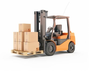 Parlak turuncu bir forklift karton kutuları kaldırıyor, depo ortamında verimlilik ve verimlilik sergiliyor..