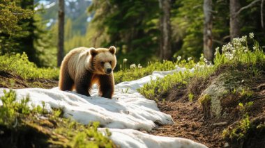 A majestic brown bear forages along a snowy path in a lush forest, surrounded by vibrant greenery and wildflowers. clipart