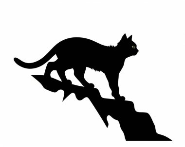 A striking silhouette of a black cat poised on a rocky edge, with glowing green eyes, evoking a sense of mystery and intrigue. clipart