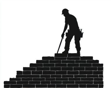 Silhouette of a male construction worker carefully placing bricks on a wall. clipart