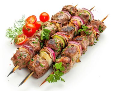 Deliciously grilled kebabs featuring tender beef, vibrant vegetables, and fresh herbs, garnished with cherry tomatoes. clipart