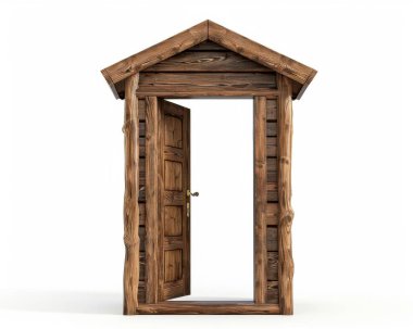 A rustic wooden door stands open, inviting exploration and warmth. clipart