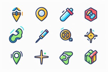 A vibrant collection of 12 colorful vector icons featuring location markers, tools, and symbols. clipart