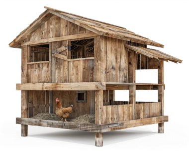 A rustic wooden chicken coop featuring a hen resting on a bed of straw. clipart