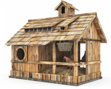 Charming wooden chicken coop with rustic design, showcasing three hens inside, perfect for a backyard farm setting. clipart