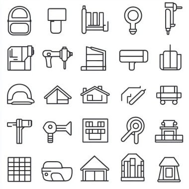 A collection of construction and home improvement icons featuring tools and building elements. clipart