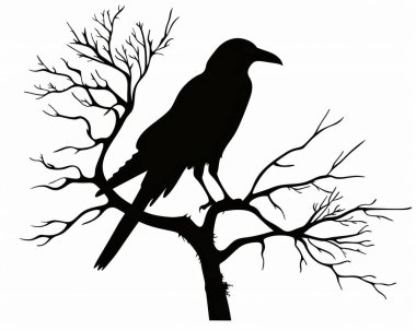 A striking silhouette of a crow perched on a barren tree branch against a white background. clipart