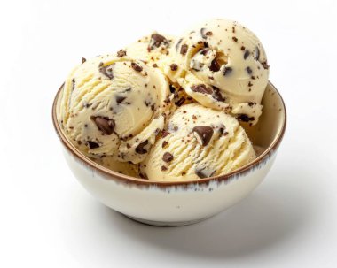 Delicious vanilla ice cream with chocolate chips in a decorative bowl. clipart