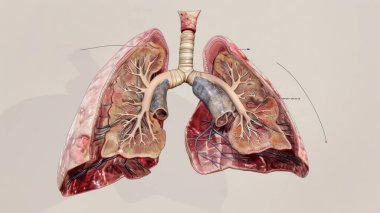 Detailed anatomical illustration of human lungs showcasing bronchi and blood vessels. clipart