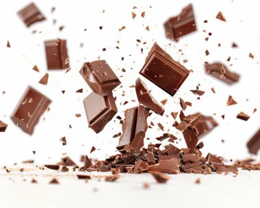 Dynamic chocolate pieces in mid-air, capturing the essence of indulgence and sweetness. clipart