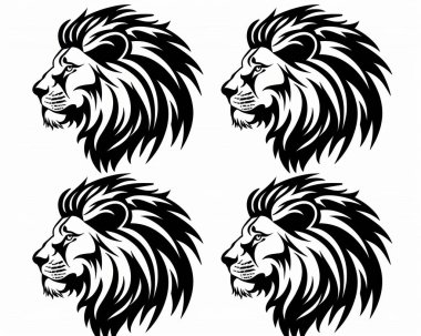 Four distinct black-and-white lion head silhouettes showcasing fierce expressions and detailed mane designs. clipart