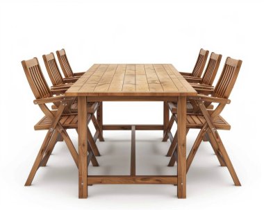 A spacious wooden dining table with six matching chairs, showcasing a minimalist design and natural wood finish. clipart