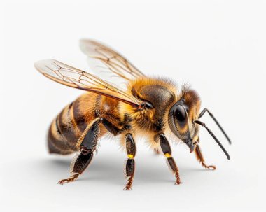 Close-up of a honeybee showcasing intricate details and vibrant colors on a light background. clipart