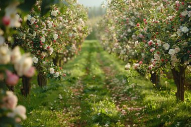 A serene orchard scene with blooming apple trees, showcasing vibrant pink and white blossoms in a tranquil setting. clipart