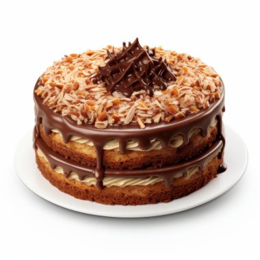 Decadent double-layer chocolate cake topped with coconut and nuts, perfect for celebrations.