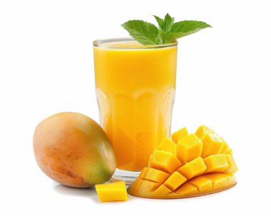 Taze mango dilimleri ve yanında nane yaprağıyla süslenmiş bir mango ile taze mango püresi..